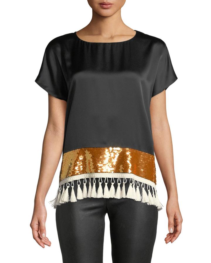 Rustem Silk Short-sleeve Sequin Tassel Top