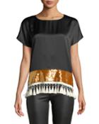 Rustem Silk Short-sleeve Sequin Tassel Top