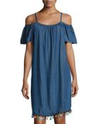 Cold-shoulder Tassel-trim Denim Dress, Blue