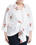 Embroidered Tie-front Linen Blouse,