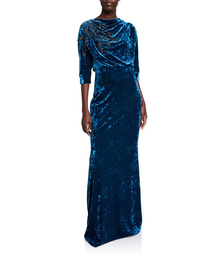 Beaded Velvet High-neck Column Gown