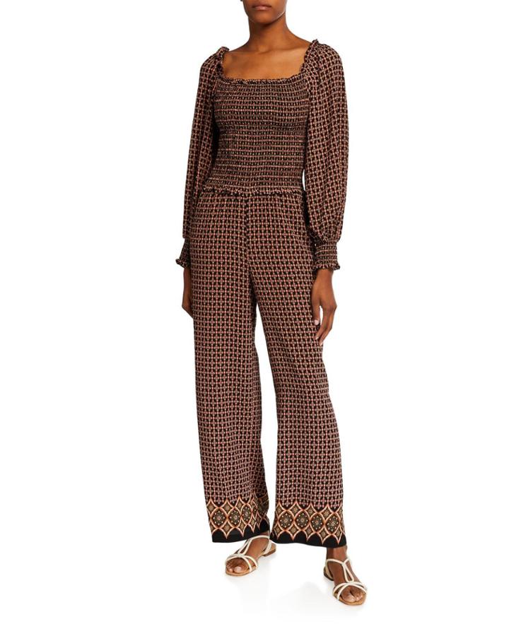Smocked Puff-sleeve Jumpsuit