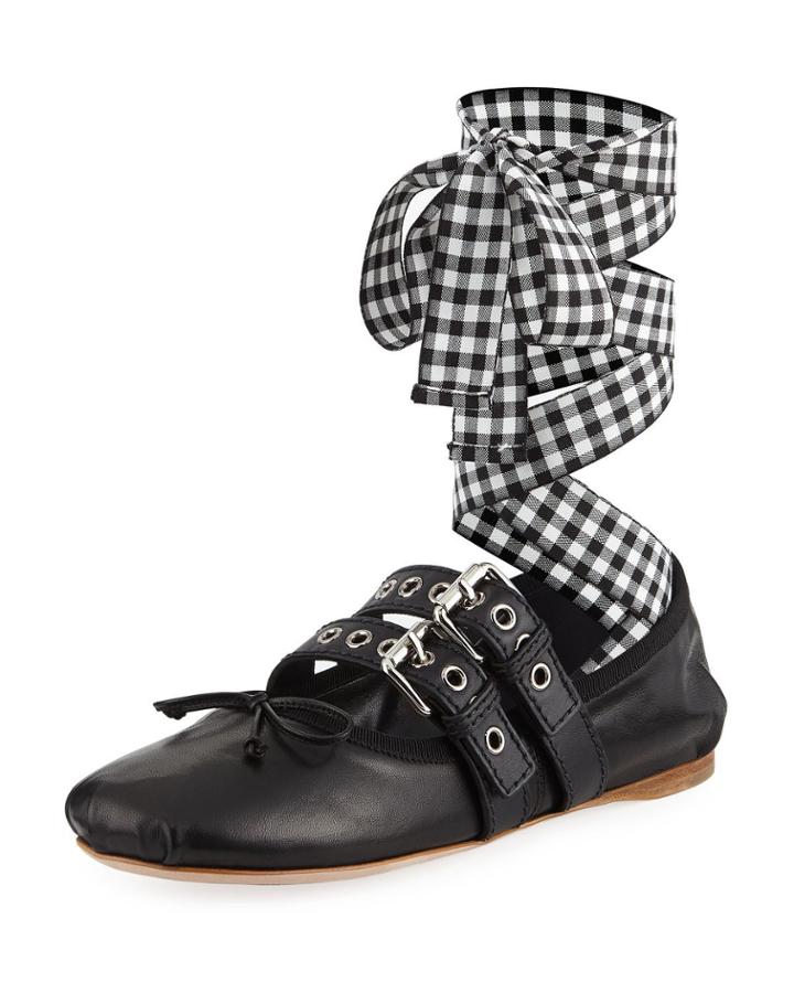 Leather And Gingham-strap Ballerina Flat