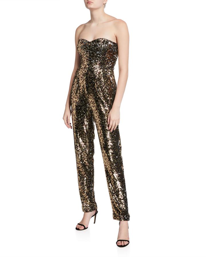 Jes Leopard Sequins Strapless Sweetheart Jumpsuit