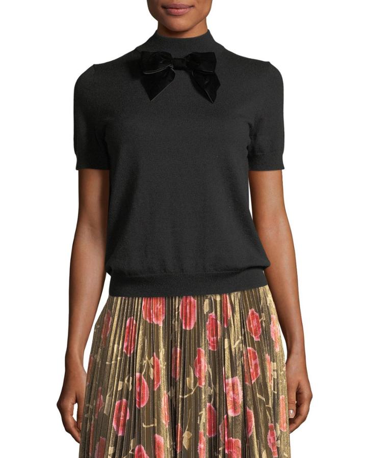 Short-sleeve Blouson Sweater W/ Velvet Bow