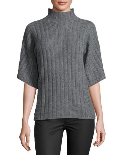 Ribbed Cashmere Tunic Top, Gray