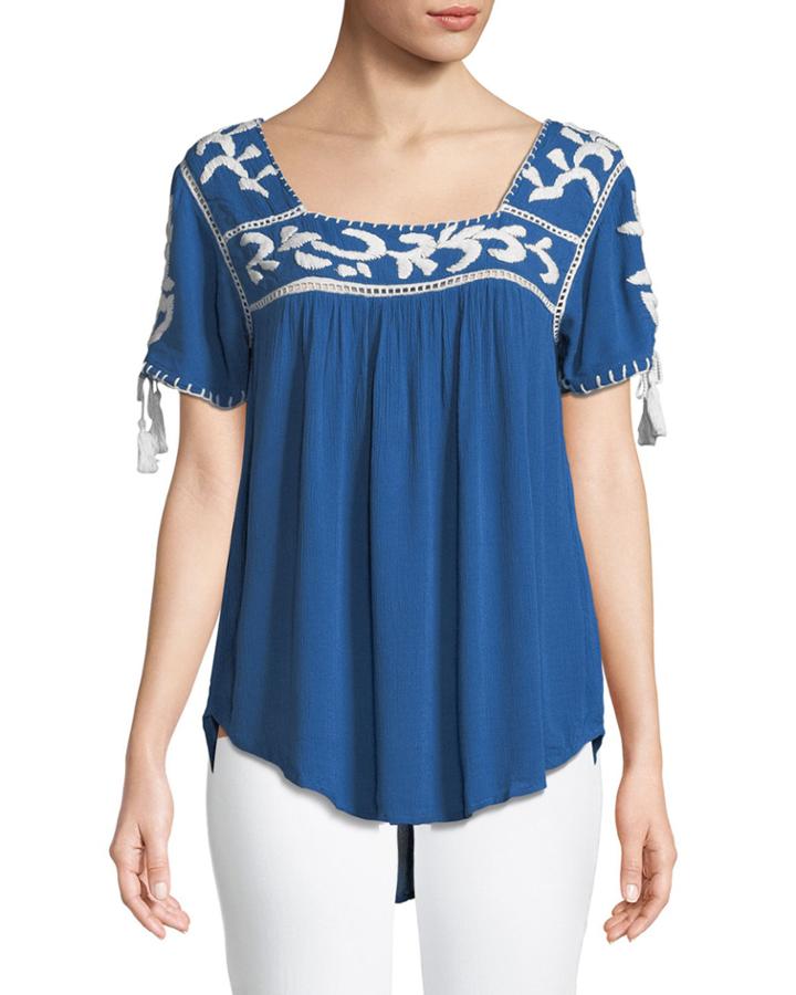 Short-sleeve Embroidered Peasant Blouse