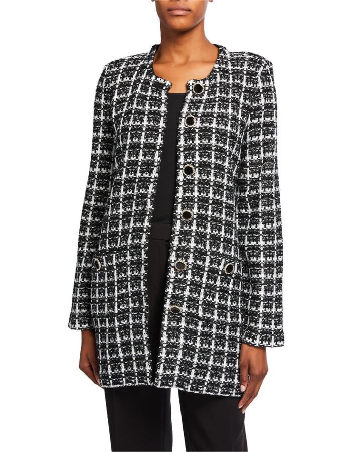 Windowpane Printed Metallic Long Sleeve Cardigan