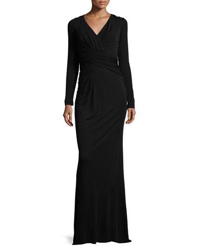 Long-sleeve Draped-waist Jersey Gown, Black