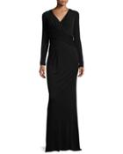 Long-sleeve Draped-waist Jersey Gown, Black