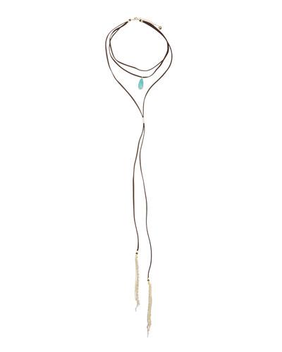 Layered Suede Lariat Necklace W/ Simulated Turquoise