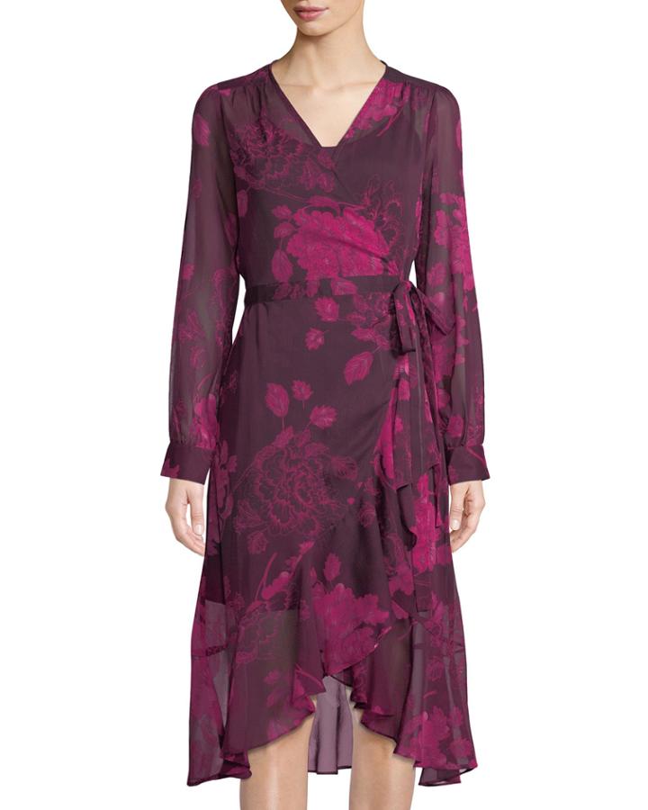 Floral-print Crinkle Chiffon Midi Wrap Dress