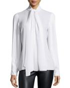 Pleated-sleeve Tie-neck Blouse, Optic White