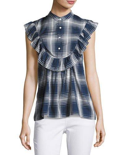 Ruffled-yoke Plaid Short-sleeve Blouse, Blue Pattern