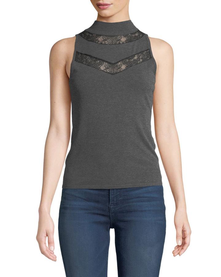 Mock-neck Sleeveless Lace-inset Wool