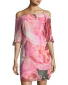Cold-shoulder Watercolor-print Dress