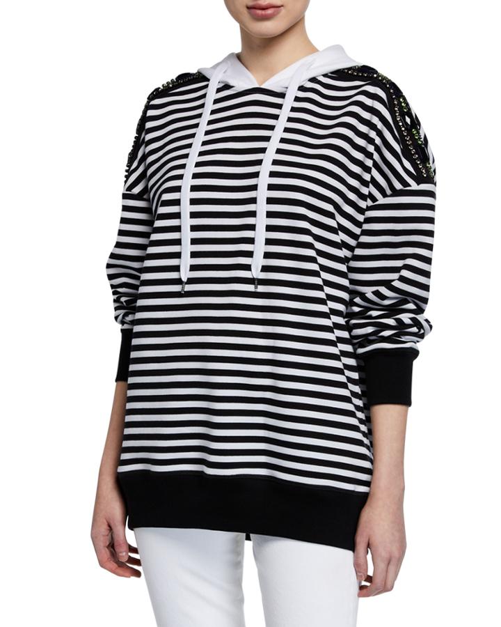 Cotton Stripe Drawstring Hoodie W/ Embellishments