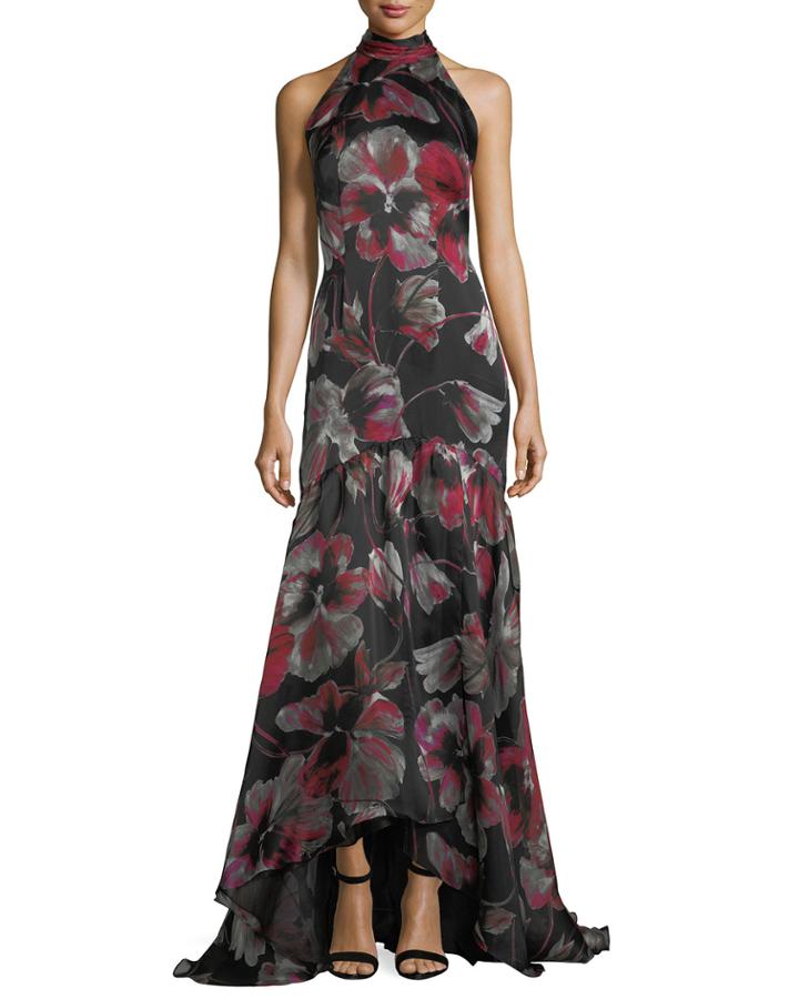 Floral-print Halter Sleeveless Evening Gown