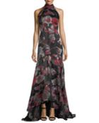 Floral-print Halter Sleeveless Evening Gown