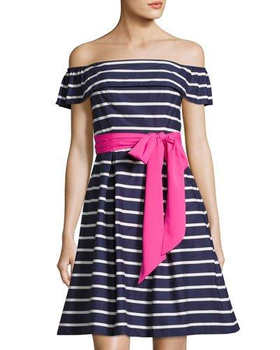 Striped Tie-waist Off-shoulder Dress, Blue/white