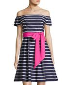 Striped Tie-waist Off-shoulder Dress, Blue/white