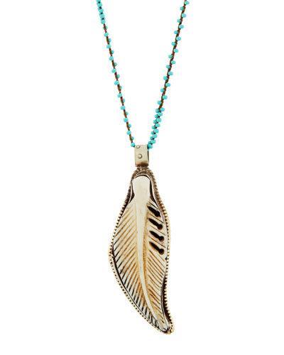 Long Beaded Feather Pendant Necklace, Turquoise