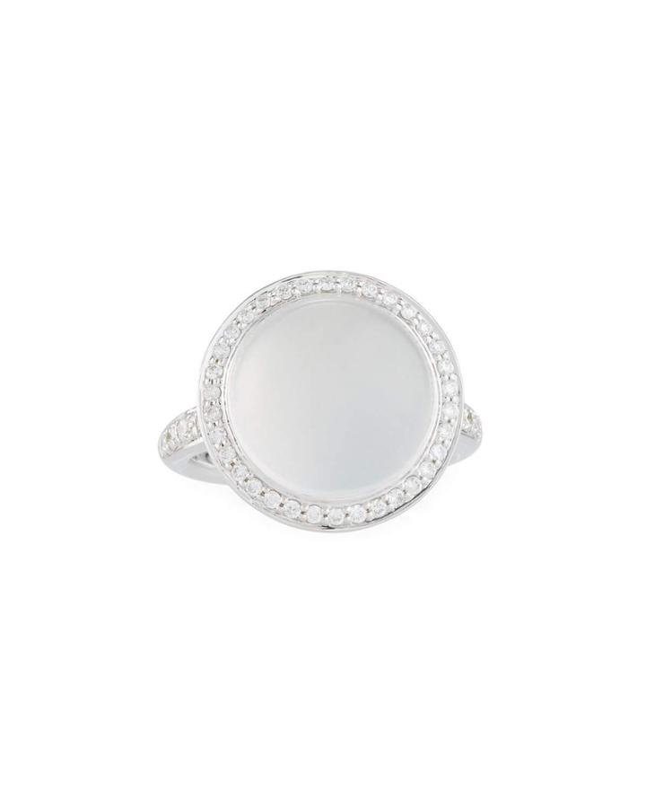 Round 18k White Gold Milky Quartz & Diamond Ring,