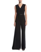 Belted Sleeveless V-neck Wide-leg Jumpsuit