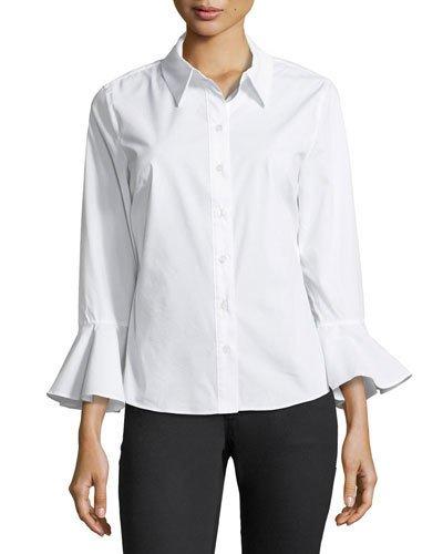 Bell-cuffed Poplin Button-front Blouse