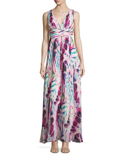 Sleeveless Pleated Printed Gown, Pink/multi