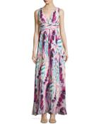 Sleeveless Pleated Printed Gown, Pink/multi