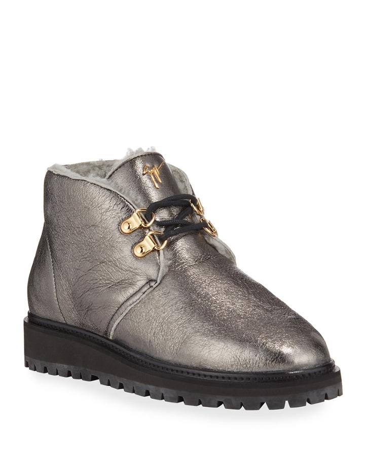 Antiracite Metallic Leather Shearling Bootie