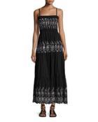 Smocked-bodice Embroidered Maxi Dress, Black