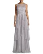 Illusion-neck Layered-mesh Dress, Gray