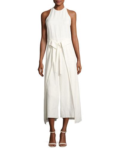 Tie-front Overlap Halter Jumpsuit, White