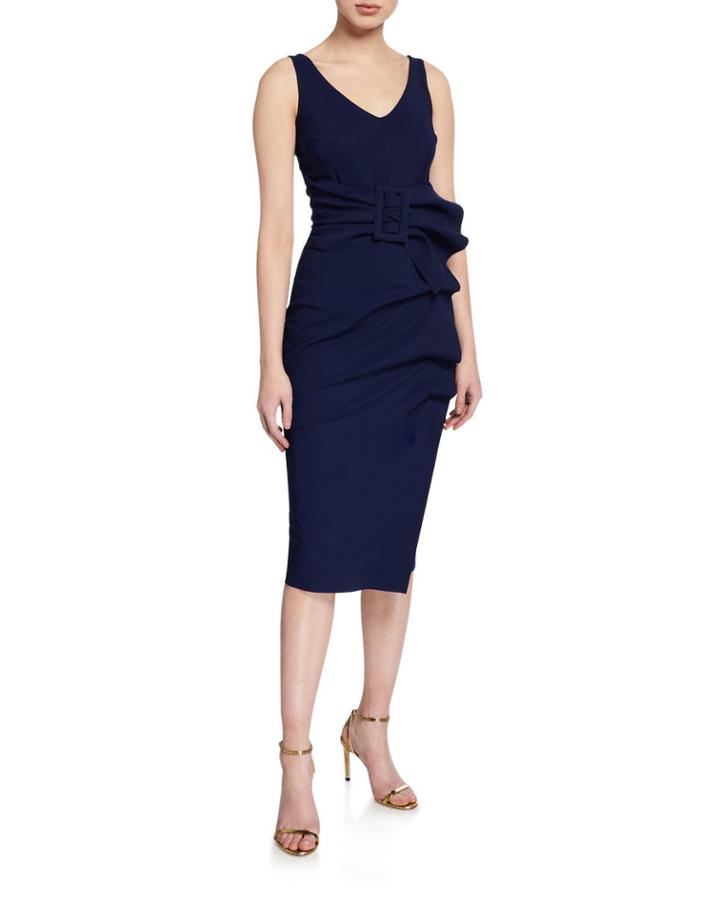 V-neck Sleeveless Belted Cocktail Dress W/