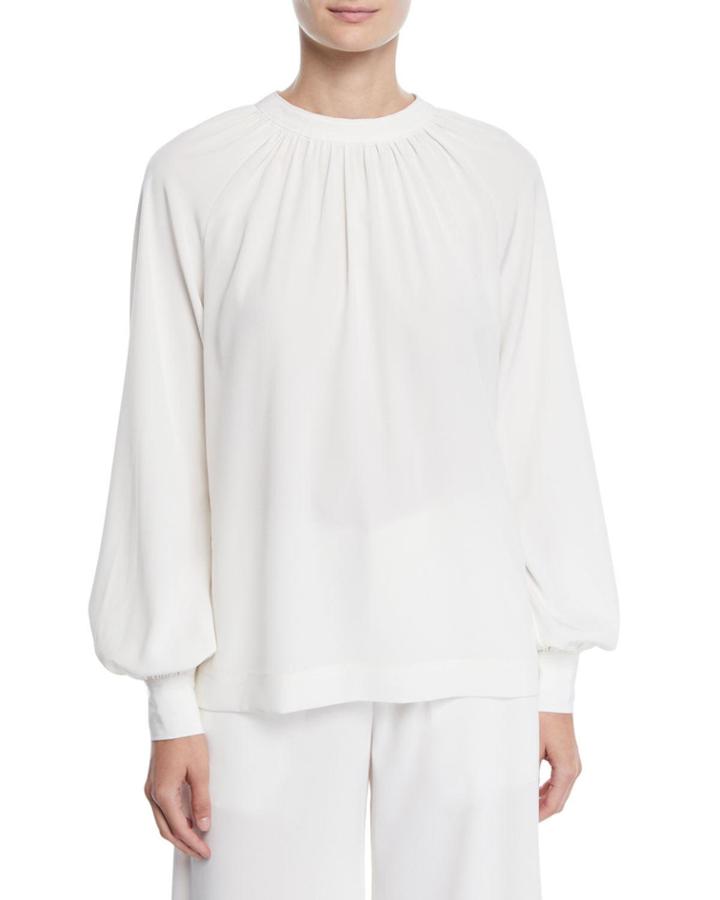 Ruched-neck Tieback Blouson-sleeve Stretch-crepe Tunic Blouse