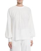 Ruched-neck Tieback Blouson-sleeve Stretch-crepe Tunic Blouse