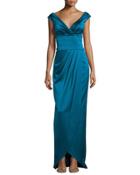 Cap-sleeve Ruched Column Gown, Peacock