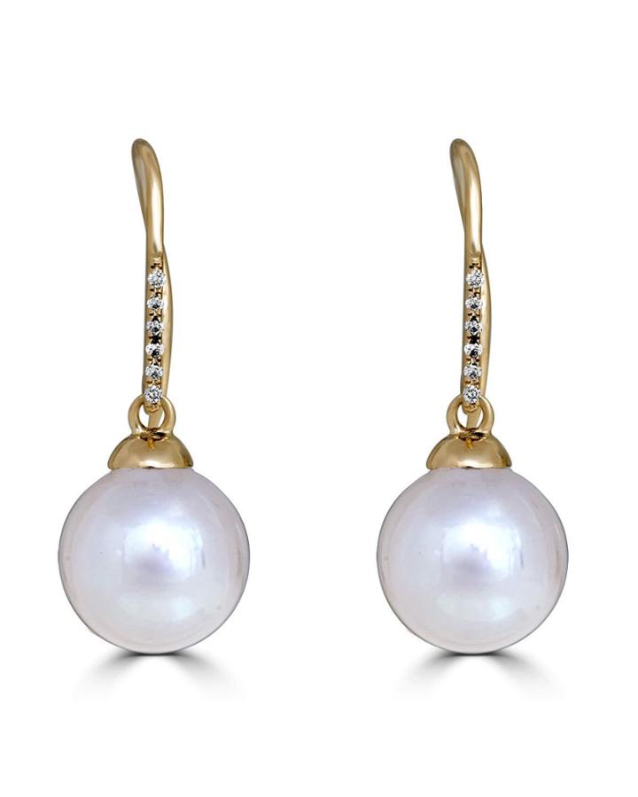 14k Gold Thin Diamond & White Pearl Drop Earrings