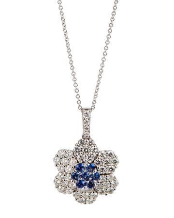 14k White Gold Sapphire & Diamond Flower Pendant Necklace