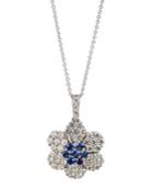 14k White Gold Sapphire & Diamond Flower Pendant Necklace