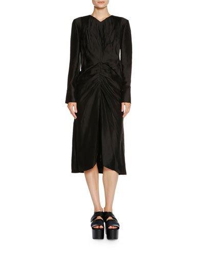 Long-sleeve Ruched-waist Dress, Black
