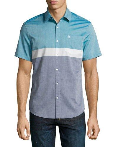 Colorblock Cotton Short-sleeve Shirts, Dark Blue