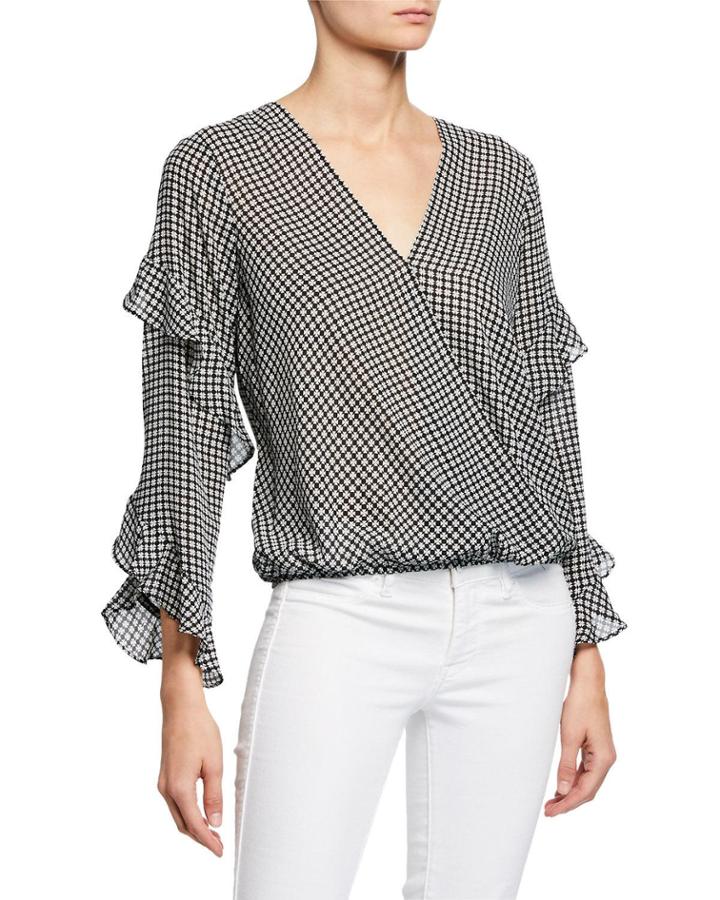 Printed Ruffle Sleeve Wrap Top