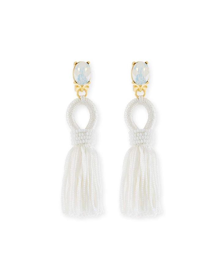 Short Silk Tassel Clip Earrings, White