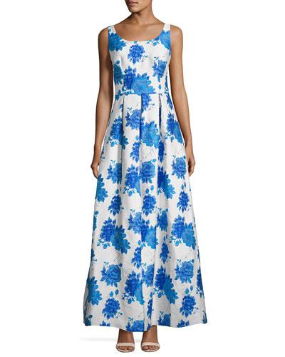 Scoop-neck Floral-jacquard Gown