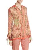 Lace-trim Paisley-print Chiffon Button-front Blouse