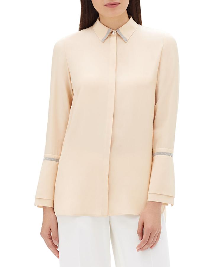 Katja Long-sleeve Matte Silk Blouse W/ Chain Detail