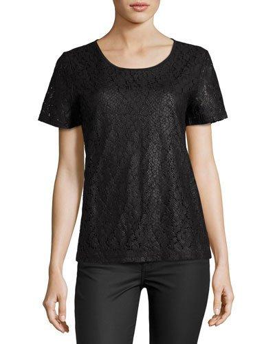 Lady Lace Woven Short-sleeve Top, Black